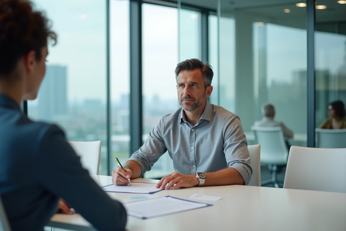 Réunion professionnelle entre un employé et un responsable RH pour discuter d'une rupture conventionnelle