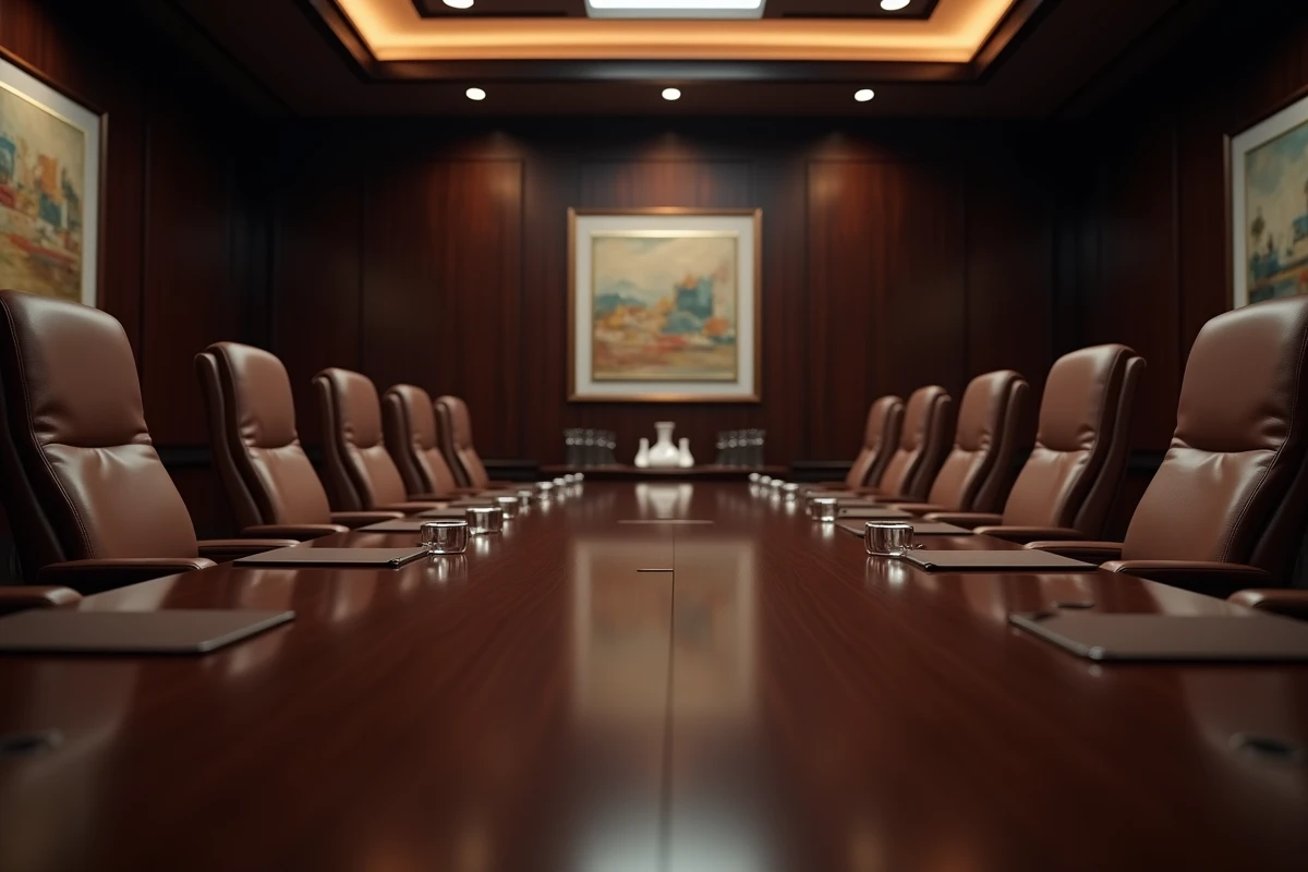 Salle de conseil vide avec chaises en cuir et grande table en noyer poli dans un environnement d'entreprise formel et prestigieux