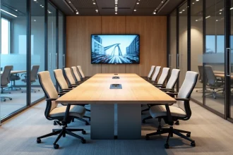 Salle de réunion moderne avec table rectangulaire, chaises ergonomiques et écran mural dans un bureau professionnel