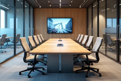 Salle de réunion moderne avec table rectangulaire, chaises ergonomiques et écran mural dans un bureau professionnel