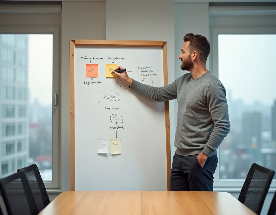Manager B2B dessinant un schéma de décision entre blog classique et plateforme spécialisée en réunion