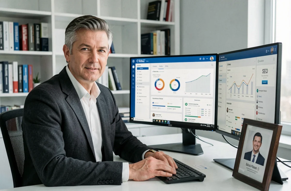 Sébastien Sourdet, consultant en marketing digital indépendant du Val-de-Marne, analysant des données SEO sur double écran