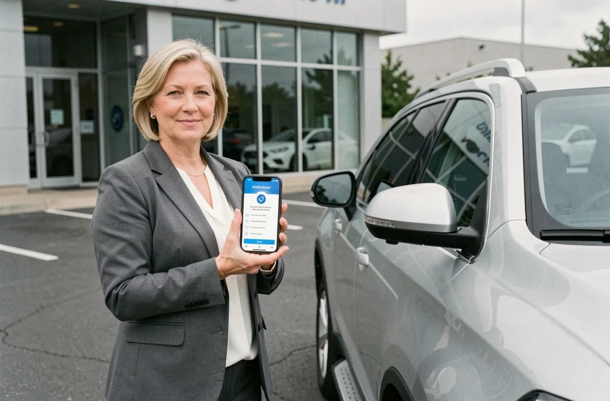 Femme tenant un smartphone affichant la sécurisation d'une annonce automobile par Brigyt dans un parking de concession