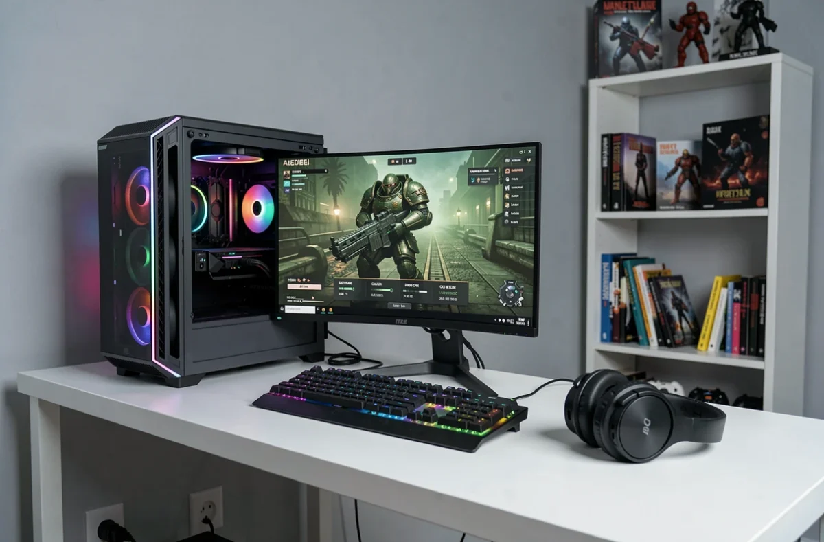Setup gaming minimaliste avec PC haute performance et écran affichant un menu de jeu futuriste, évoquant l'univers Halo et les changements apportés par le rebranding de 343 Industries