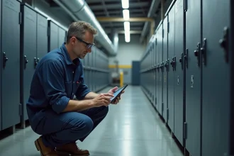 Ingénieur examinant un système de stockage d'énergie par batteries lithium-ion dans une installation industrielle moderne