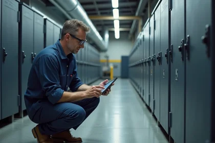Ingénieur examinant un système de stockage d'énergie par batteries lithium-ion dans une installation industrielle moderne