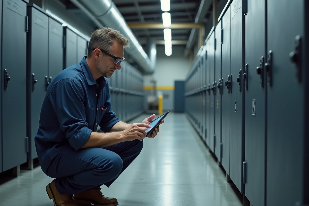 Ingénieur examinant un système de stockage d'énergie par batteries lithium-ion dans une installation industrielle moderne