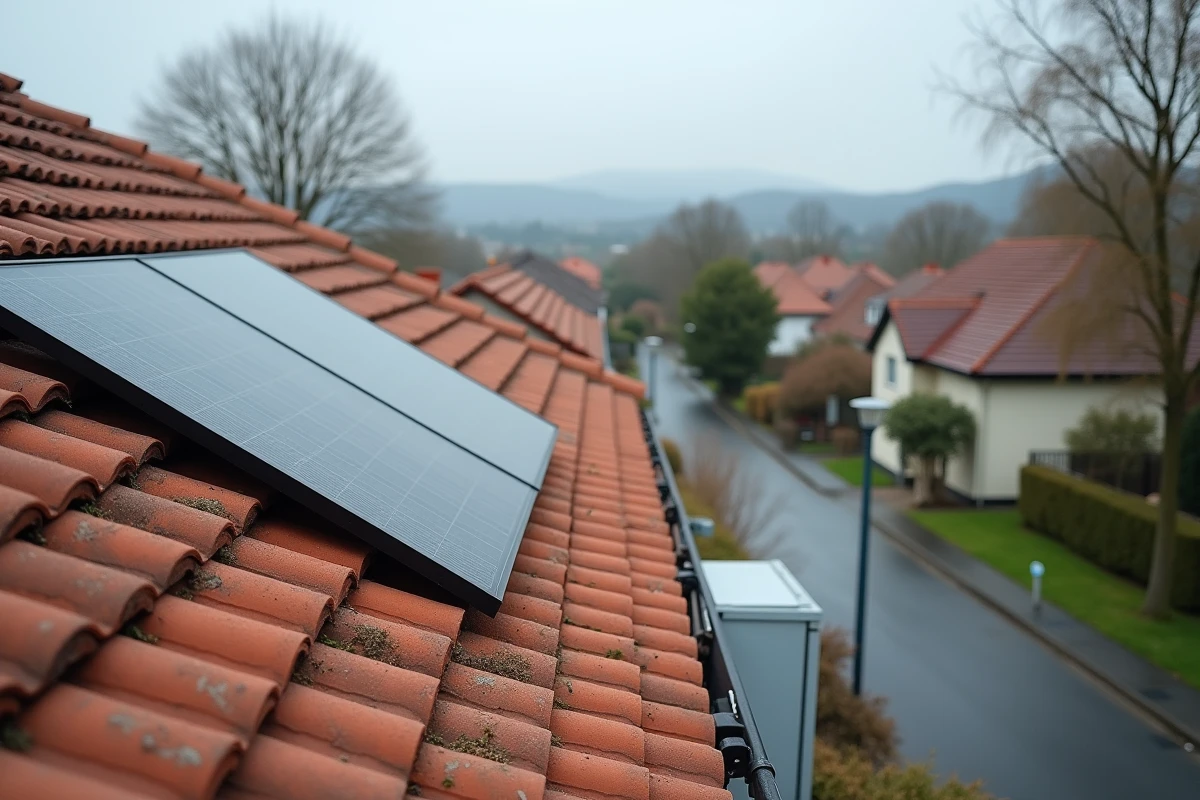 Installation de panneaux solaires et batterie de stockage domestique sur le toit d'une maison résidentielle