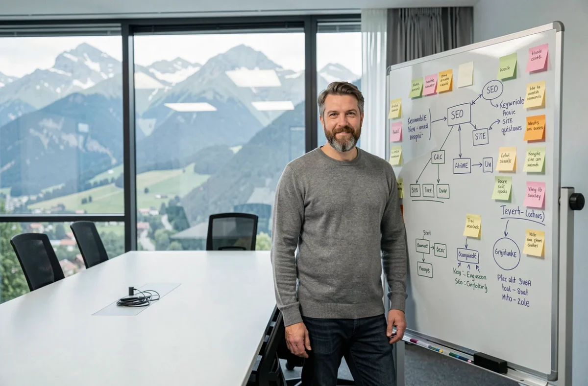 Stratège SEO présentant une architecture de site web dans une salle de réunion d'une agence à Grenoble
