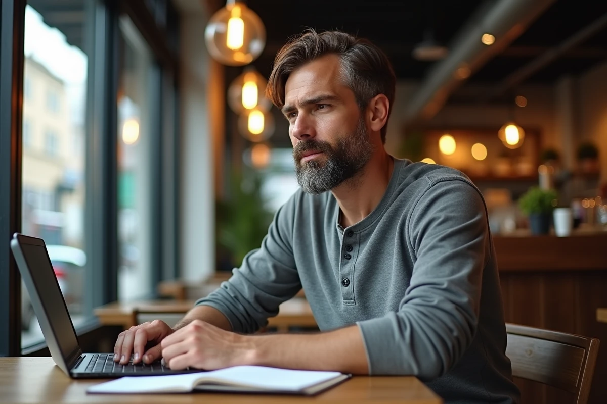 Homme développant une stratégie de contenu inbound dans un café avec ordinateur portable et notes