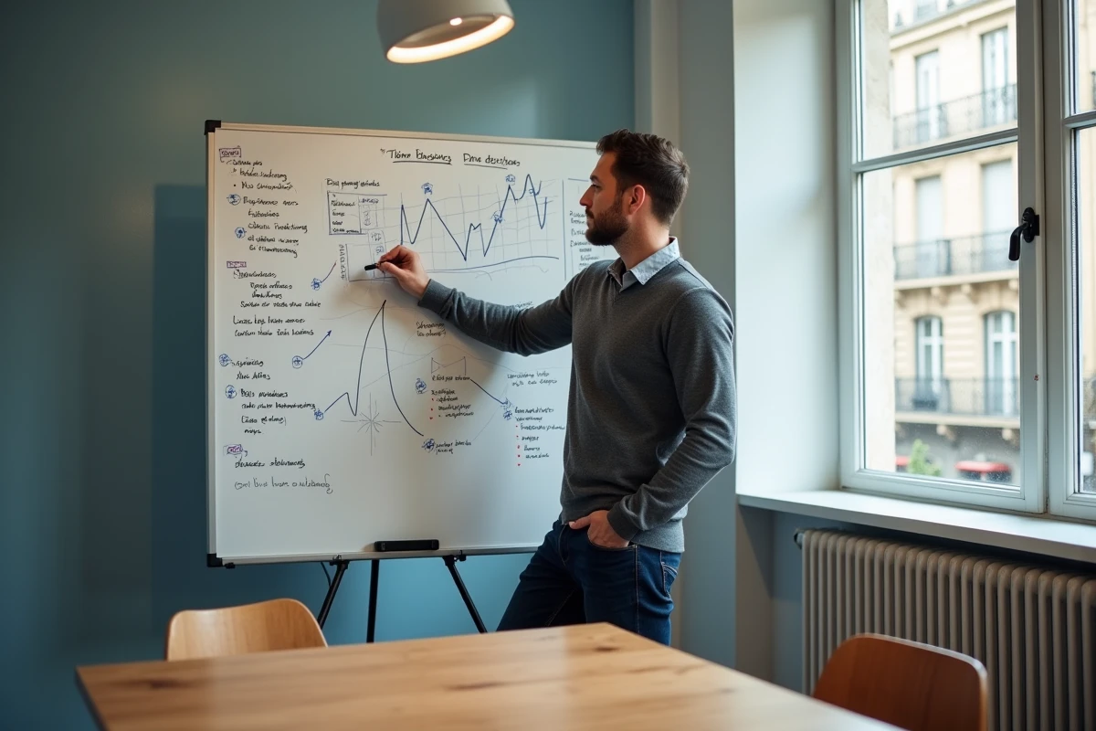 Chef d'entreprise français élaborant une stratégie de création d'entreprise en 2026 devant un tableau de travail