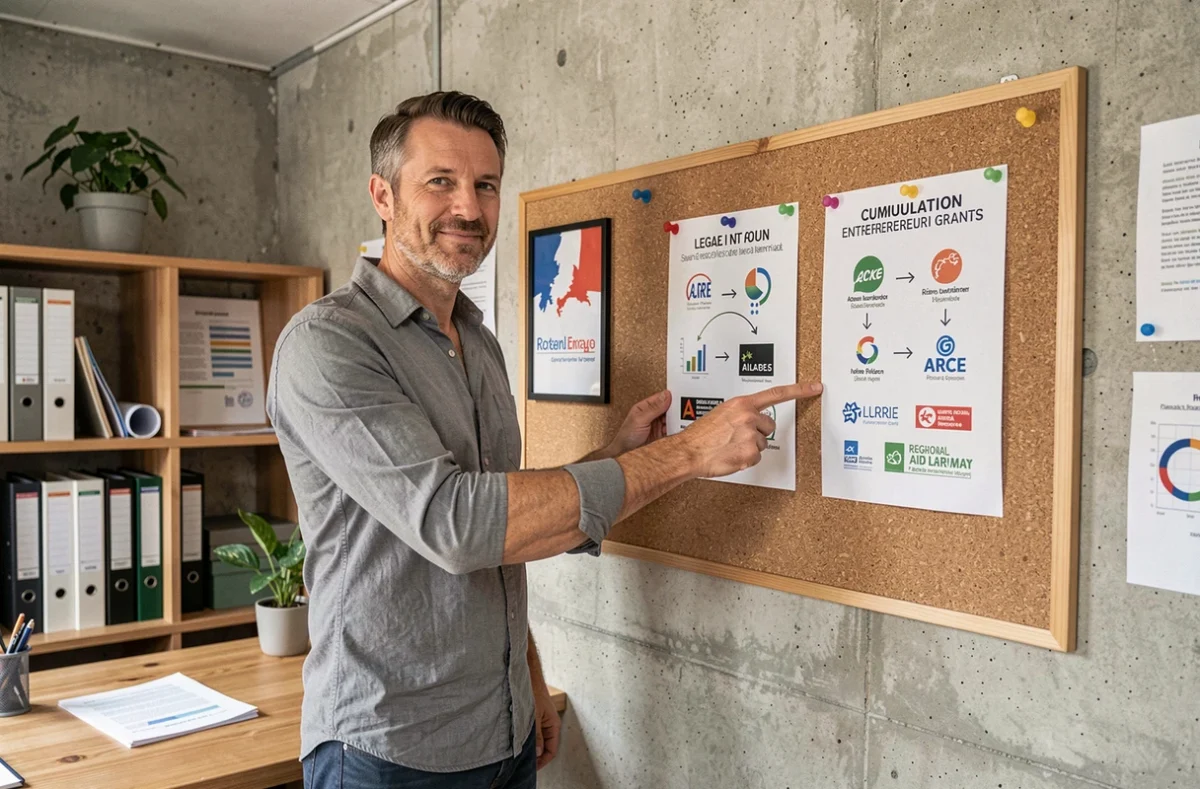 Entrepreneur expliquant une stratégie de cumul légal d'aides et subventions pour créateurs d'entreprise en France devant un tableau de travail