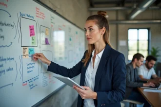 Professionnelle en marketing digital présentant une stratégie sur un tableau blanc dans un bureau moderne