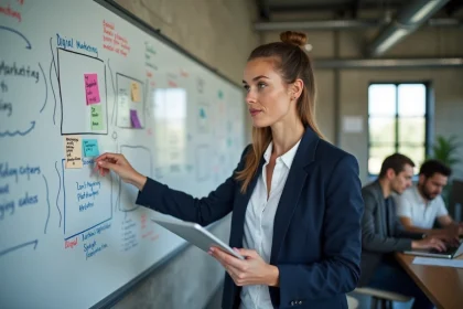 Professionnelle en marketing digital présentant une stratégie sur un tableau blanc dans un bureau moderne
