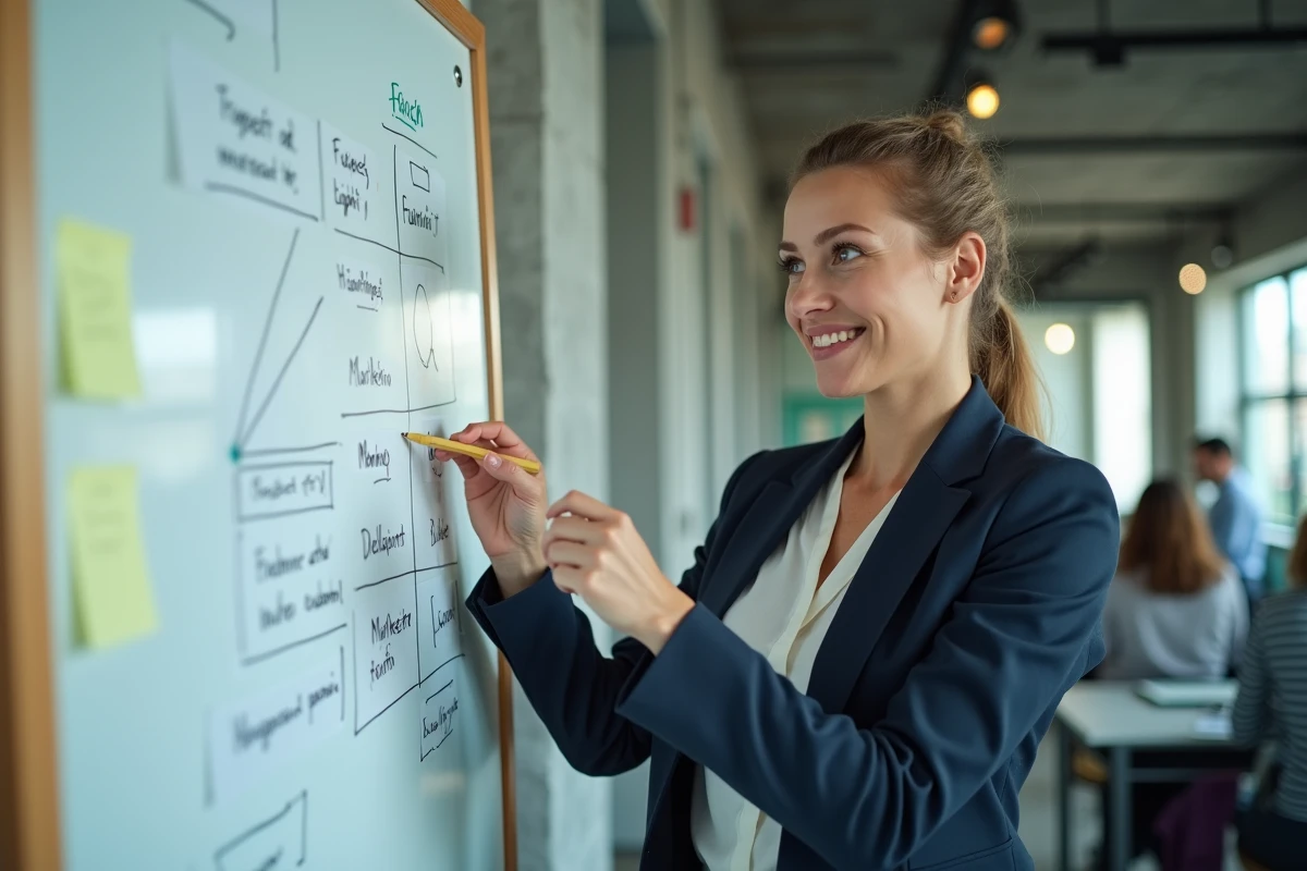 Femme professionnelle expliquant une stratégie marketing devant un tableau blanc dans un bureau moderne
