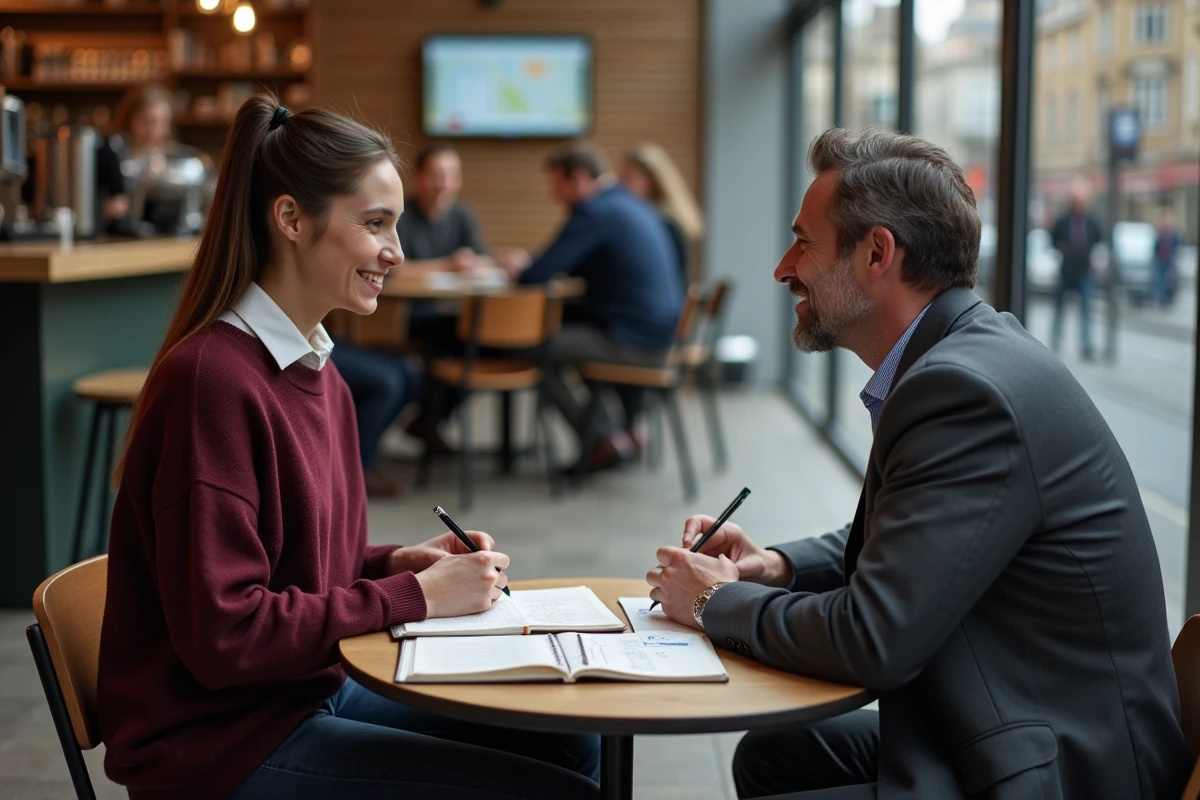 Deux professionnels en réunion dans un café discutant d'une stratégie de prospection commerciale gratuite avec un carnet de notes