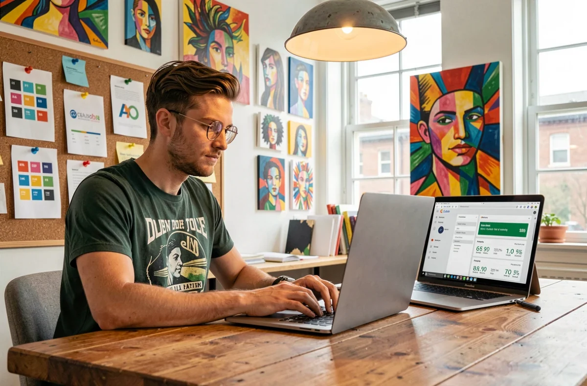 Spécialiste SEO de Studio Gazoline travaillant sur des scores de référencement on-page dans un studio créatif