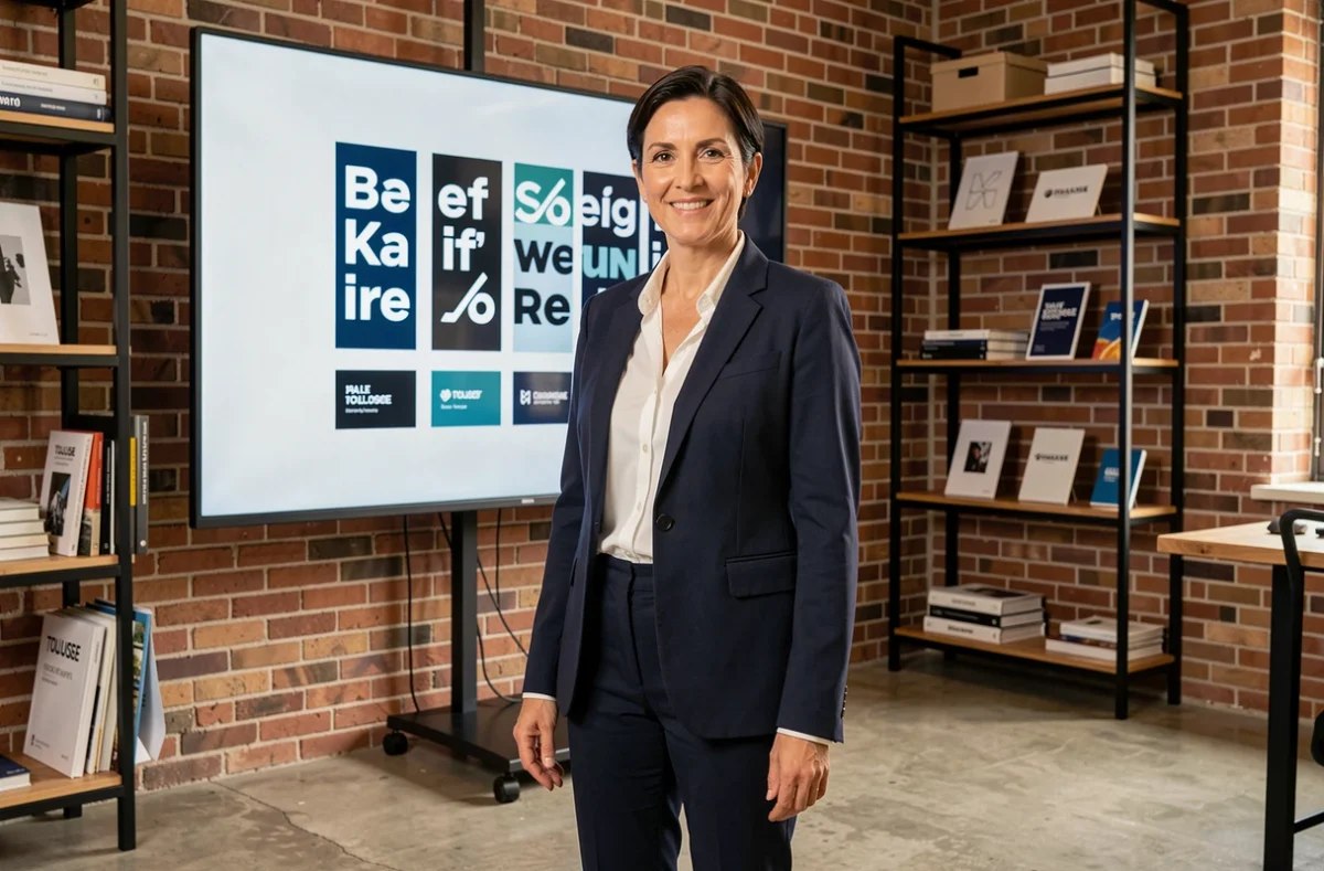 Directrice créative de Studio La Combine présentant un projet d'identité visuelle devant un écran numérique dans son studio à Toulouse