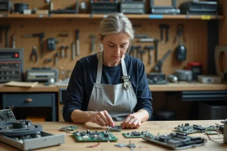 Technicienne de réparation électronique triant des composants dans un atelier de réemploi