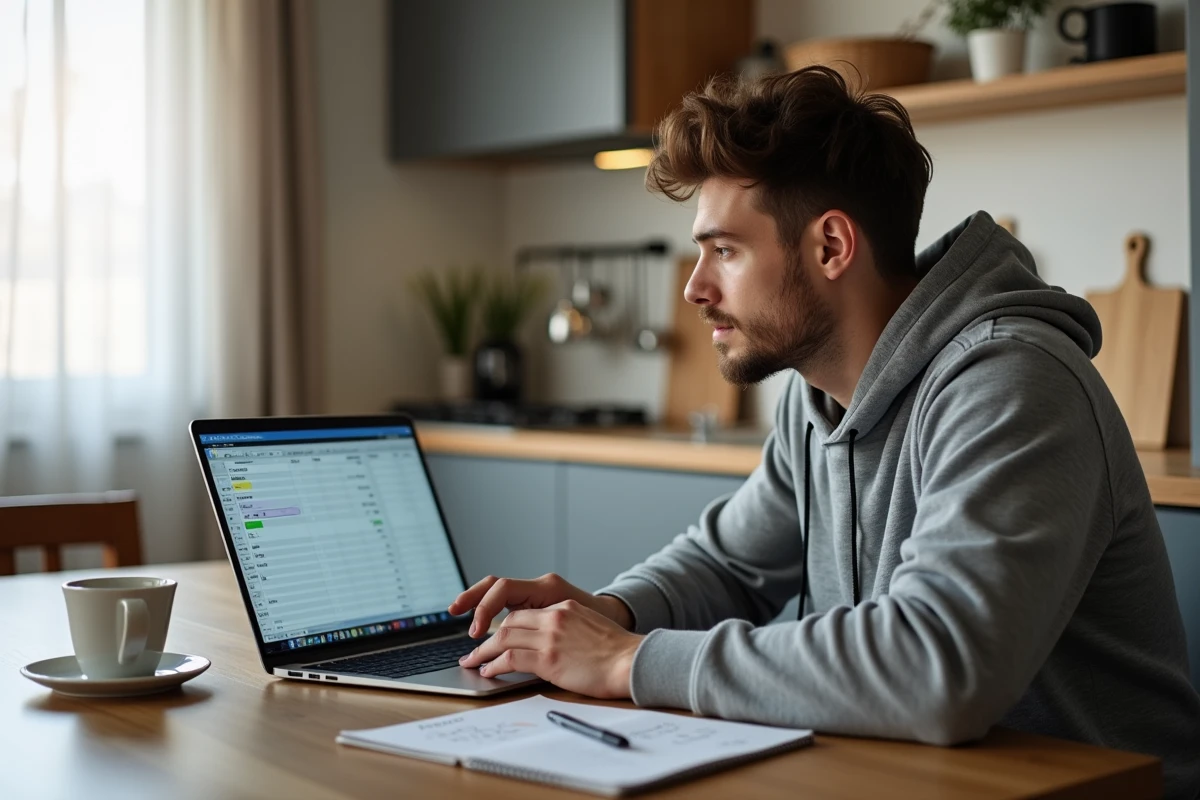 Jeune professionnel travaillant depuis chez lui sur un tableur pour calculer ses heures supplémentaires