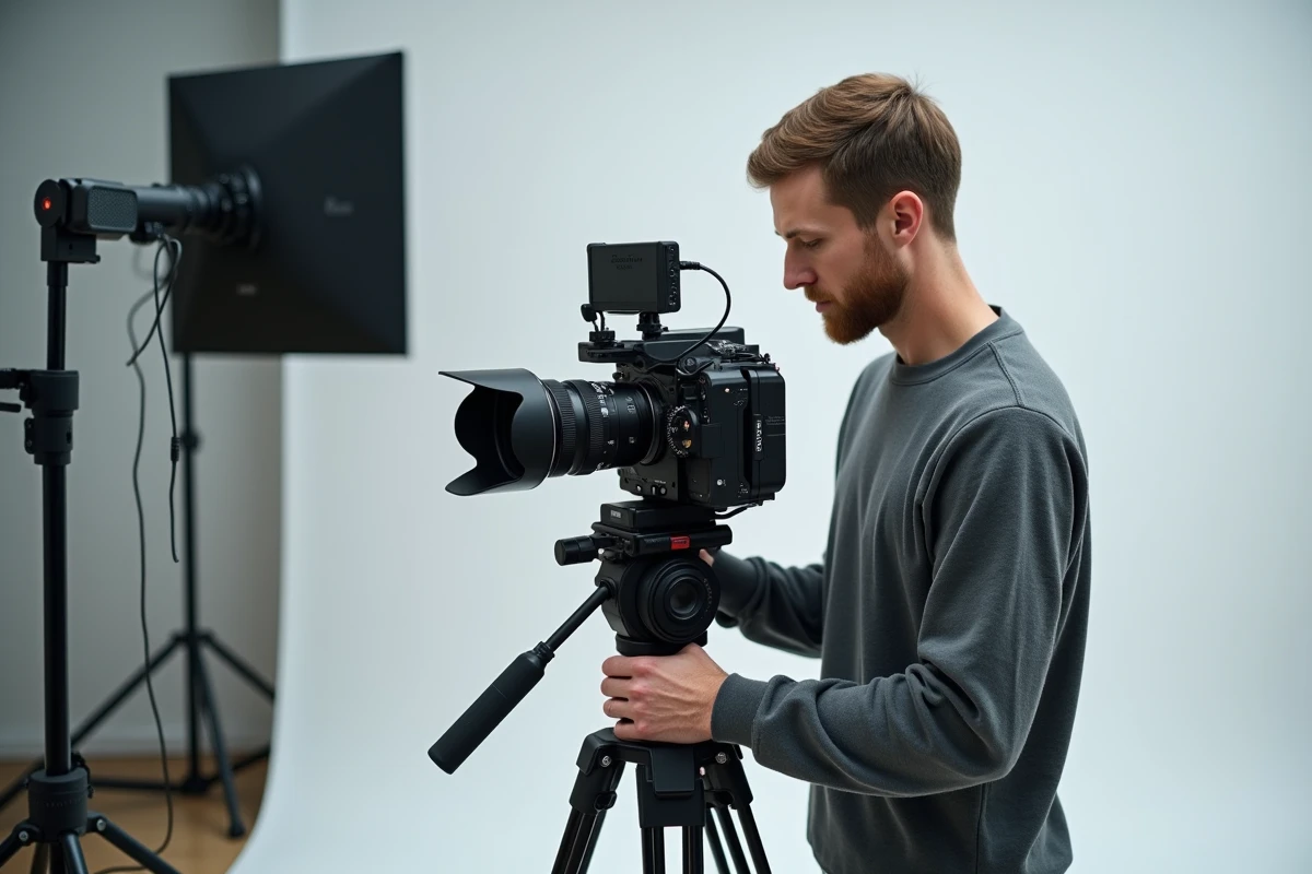 Vidéaste professionnel ajustant une caméra sur trépied lors du tournage d'une vidéo marketing