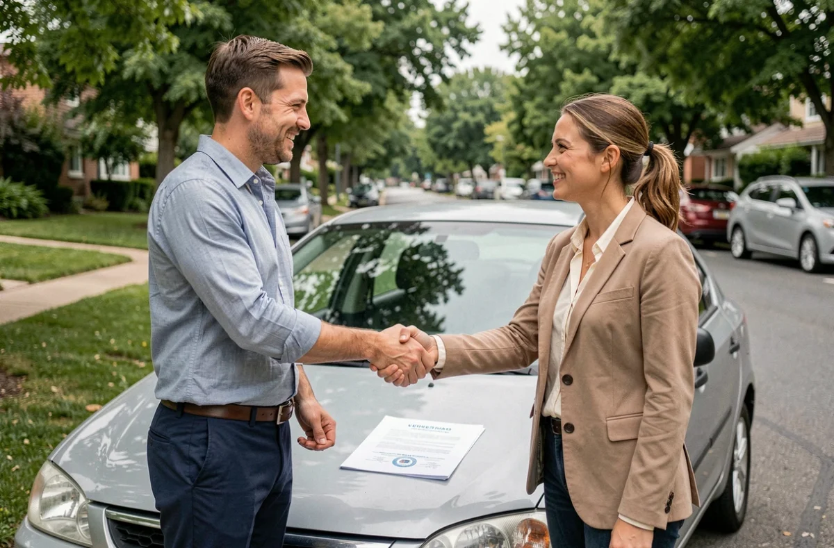 Deux particuliers finalisant une transaction de véhicule d'occasion sécurisée avec un document de vérification Brigyt posé sur le capot