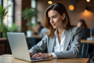 Femme professionnelle recherchant des prospects gratuitement sur un site de réseautage depuis un espace de co-working moderne