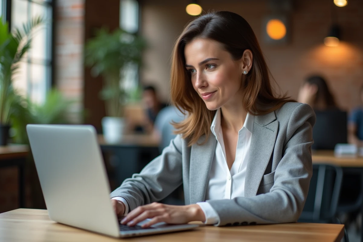Femme professionnelle recherchant des prospects gratuitement sur un site de réseautage depuis un espace de co-working moderne