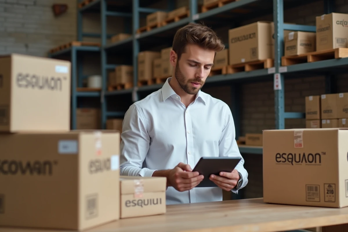 Vendeur en ligne vérifiant des commandes dans un entrepôt logistique de e-commerce en France
