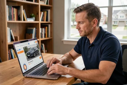 Homme vérifiant une annonce de véhicule sécurisée sur un ordinateur portable avec badge de vérification Brigyt