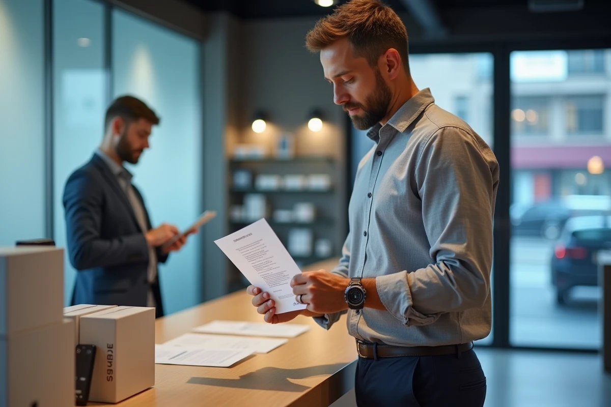 Client vérifiant un bon de commande à l'accueil d'une boutique de téléphonie lors d'un retrait de colis