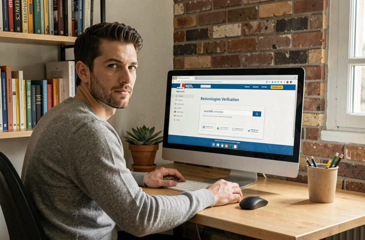 Homme vérifiant gratuitement un numéro SIRET depuis son bureau à domicile sur un site gouvernemental