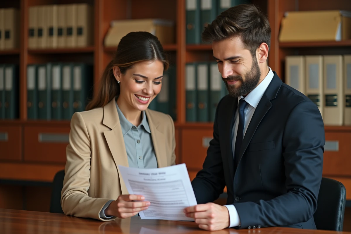 Deux professionnels consultant un document officiel de statut d'entreprise dans un bureau administratif ou notarial