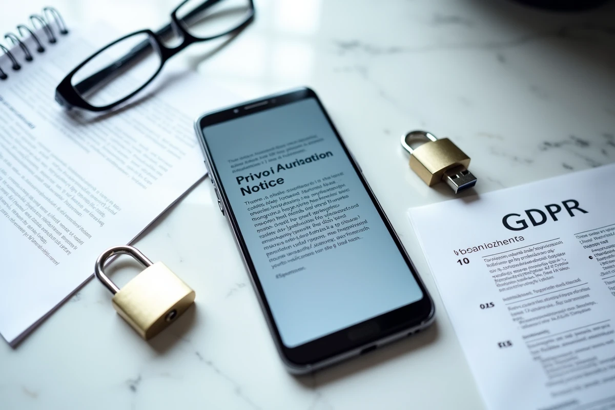 Vue aérienne d'objets symbolisant la protection des données personnelles : smartphone avec avis RGPD, documents confidentiels et cadenas sur bureau en marbre